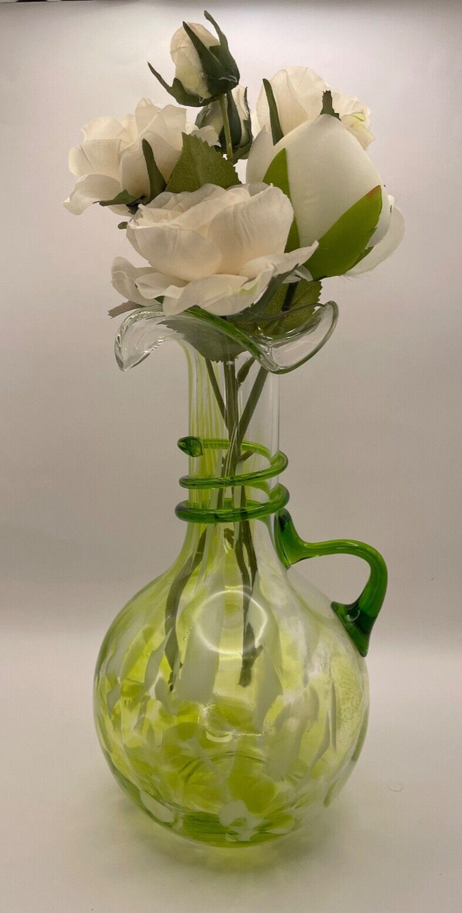 Vintage Murano Style Green Vase/Pitcher with Ruffled Lip & Bulb Base With Handle